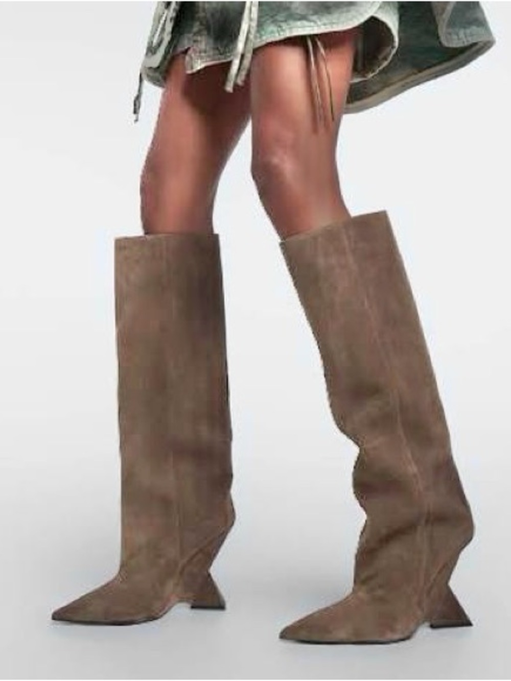 The Attico neutral taupe beige suede architectural knee high point toe boots